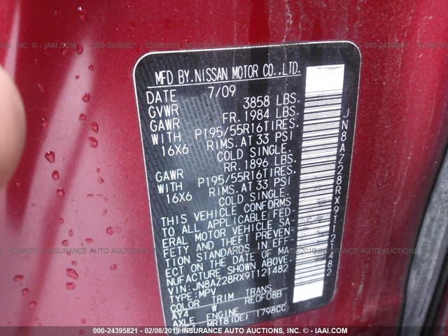 JN8AZ28RX9T121482 - 2009 NISSAN CUBE S/SL RED photo 9