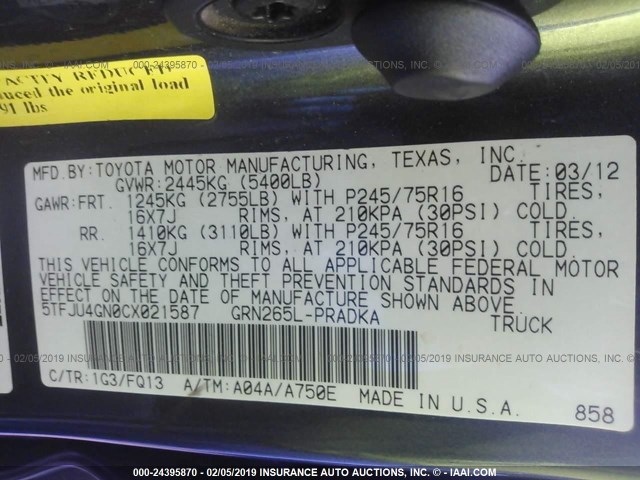5TFJU4GN0CX021587 - 2012 TOYOTA TACOMA DOUBLE CAB PRERUNNER GRAY photo 9