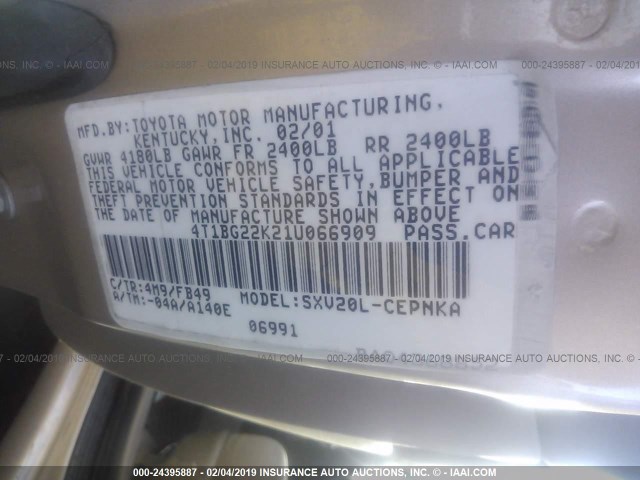 4T1BG22K21U066909 - 2001 TOYOTA CAMRY CE/LE/XLE TAN photo 9