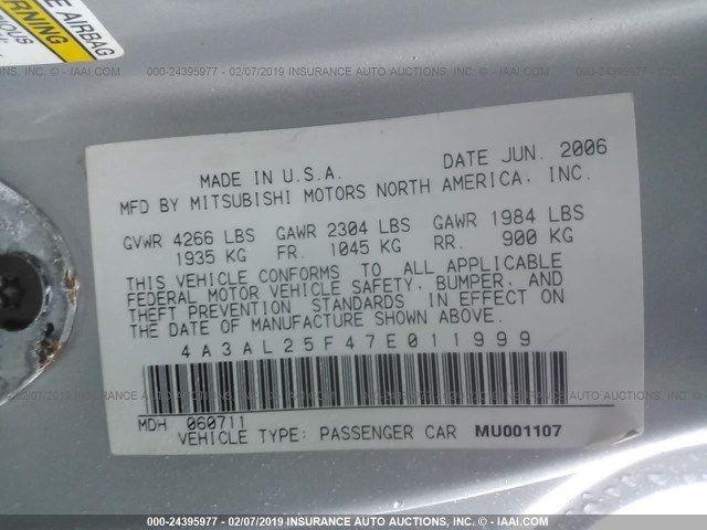 4A3AL25F47E011999 - 2007 MITSUBISHI ECLIPSE SPYDER GS SILVER photo 9