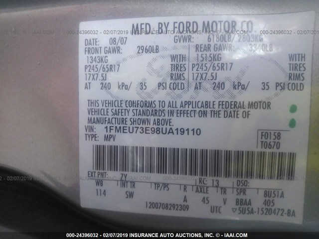 1FMEU73E98UA19110 - 2008 FORD EXPLORER XLT GRAY photo 9