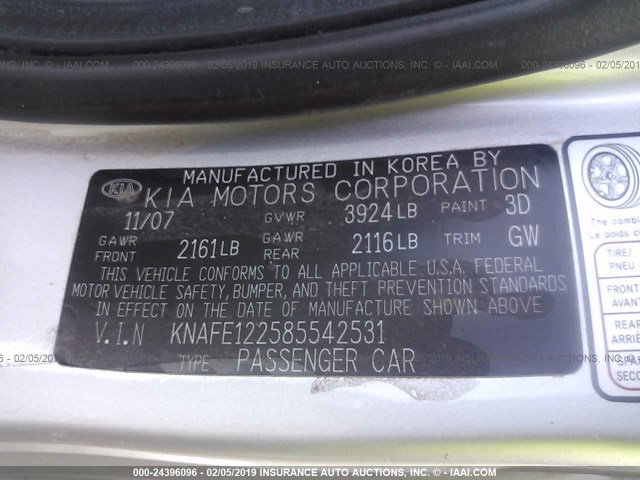 KNAFE122585542531 - 2008 KIA SPECTRA EX/LX/SX SILVER photo 9