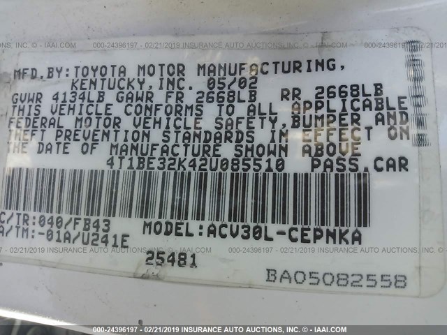 4T1BE32K42U085510 - 2002 TOYOTA CAMRY LE/XLE/SE WHITE photo 9