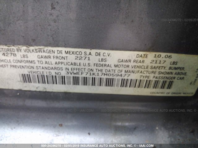 3VWEF71K17M059477 - 2007 VOLKSWAGEN JETTA WOLFSBURG 灰色 照片 9
