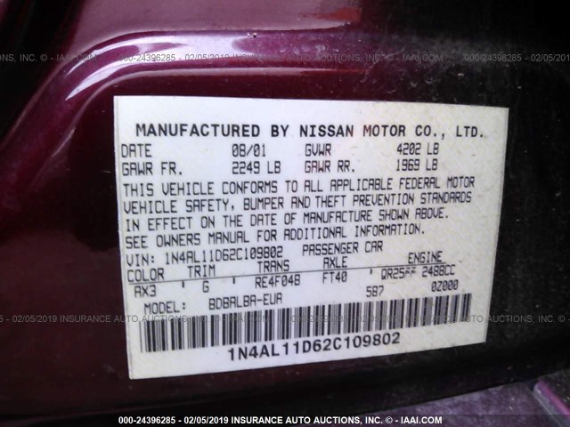 1N4AL11D62C109802 - 2002 NISSAN ALTIMA S/SL BURGUNDY photo 9