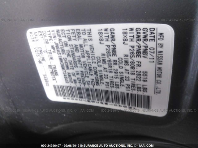 JN8AS1MW3BM734649 - 2011 INFINITI FX35 GRAY photo 9