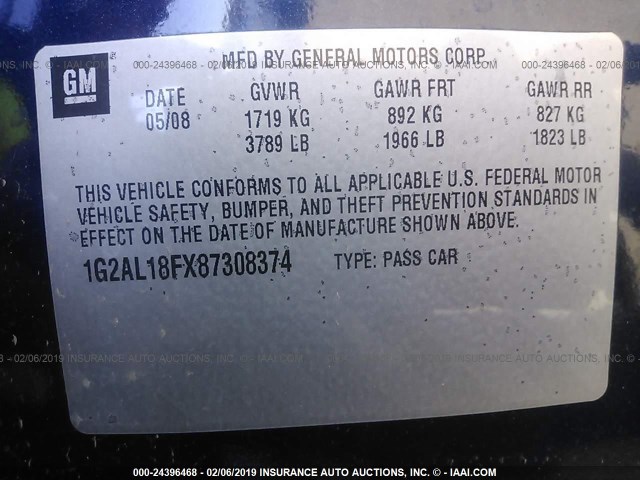 1G2AL18FX87308374 - 2008 PONTIAC G5 BLUE photo 9