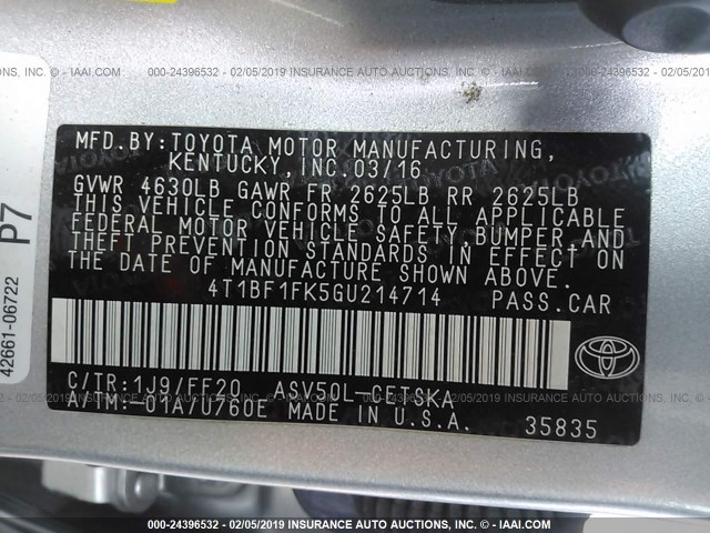 4T1BF1FK5GU214714 - 2016 TOYOTA CAMRY LE/XLE/SE/XSE SILVER photo 9