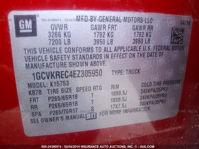 1GCVKREC4EZ305950 - 2014 CHEVROLET SILVERADO K1500 LT RED photo 9