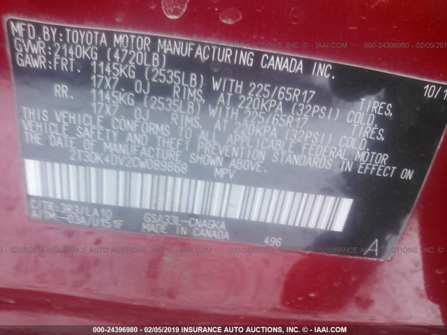 2T3DK4DV2CW089868 - 2012 TOYOTA RAV4 LIMITED RED photo 9