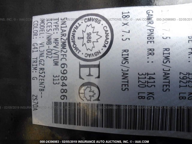 5N1AR2MM2FC698486 - 2015 NISSAN PATHFINDER S/SV/SL/PLATINUM BLACK photo 9