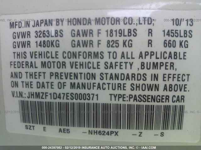 JHMZF1D47ES000371 - 2014 HONDA CR-Z WHITE photo 9