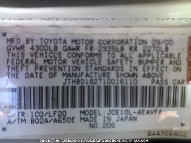 JTHBD182710016110 - 2001 LEXUS IS 300 SILVER photo 9