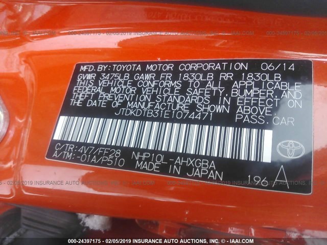 JTDKDTB31E1074471 - 2014 TOYOTA PRIUS C ORANGE photo 9