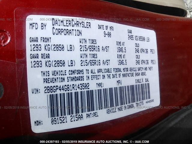 2B8GP44G81R143502 - 2001 DODGE GRAND CARAVAN SPORT MAROON photo 9