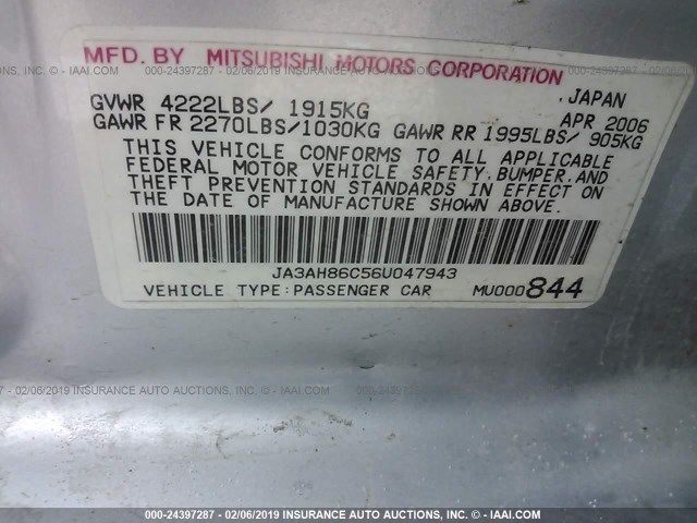 JA3AH86C56U047943 - 2006 MITSUBISHI LANCER EVOLUTION SILVER photo 9