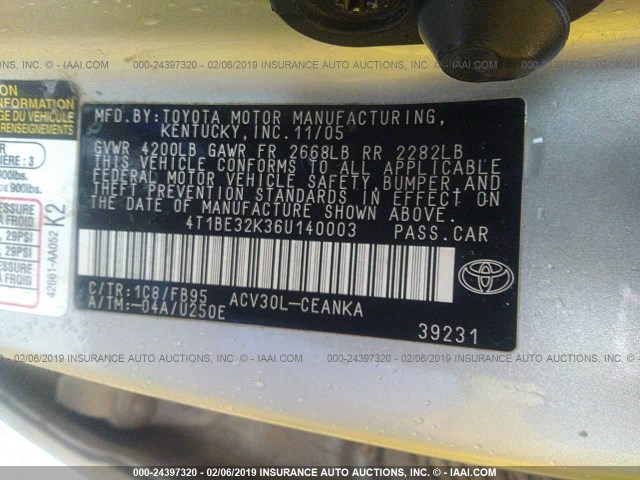 4T1BE32K36U140003 - 2006 TOYOTA CAMRY LE/XLE/SE SILVER photo 9