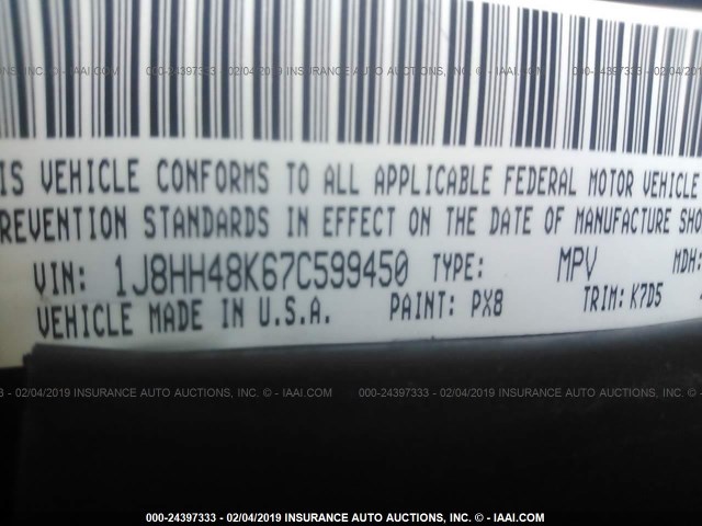 1J8HH48K67C599450 - 2007 JEEP COMMANDER BLACK photo 9