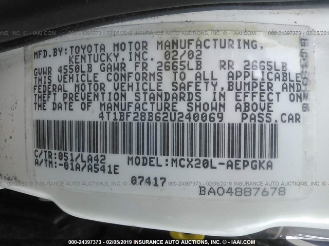 4T1BF28B62U240069 - 2002 TOYOTA AVALON XL/XLS WHITE photo 9