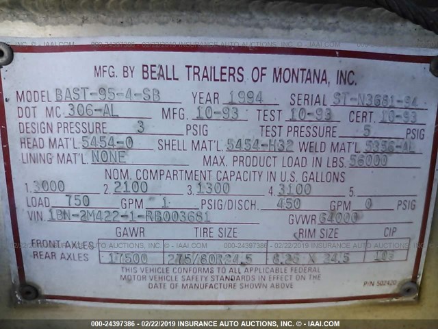 1BN2M4221RB003681 - 1994 BEALL TRANS-LINER TANK  SILVER photo 9