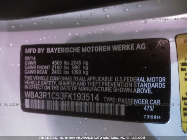 WBA3R1C53FK193514 - 2015 BMW 435 I WHITE photo 9