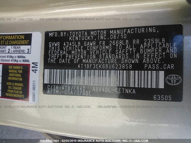 4T1BF3EK6BU623858 - 2011 TOYOTA CAMRY SE/LE/XLE 金色 照片 9