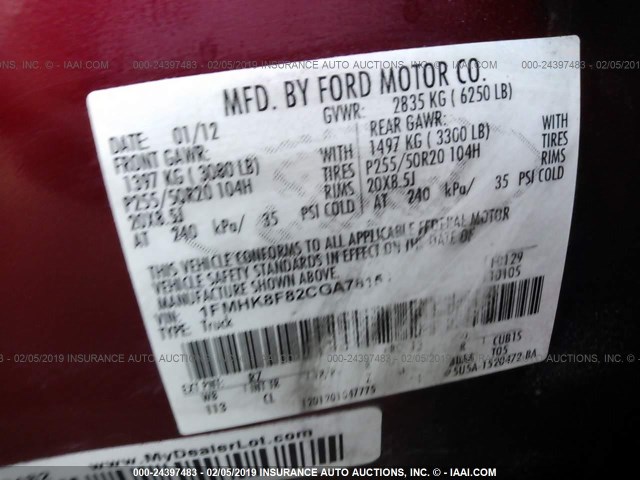 1FMHK8F82CGA78151 - 2012 FORD EXPLORER LIMITED RED photo 9