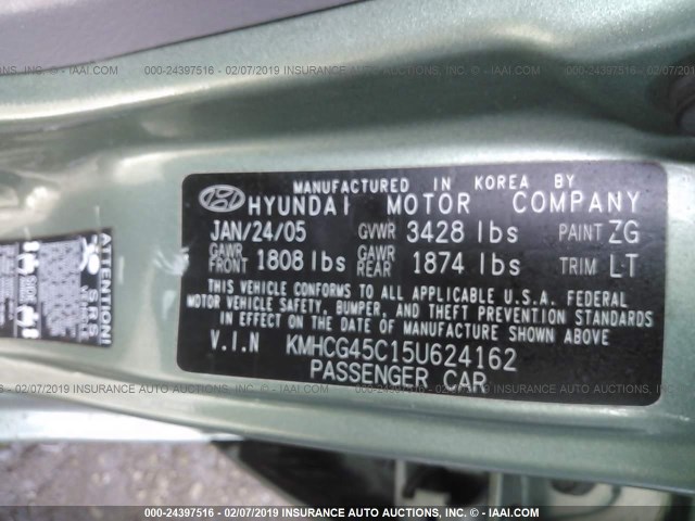 KMHCG45C15U624162 - 2005 HYUNDAI ACCENT GL GREEN photo 9