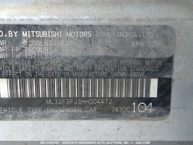 ML32F3FJ3HH004472 - 2017 MITSUBISHI MIRAGE G4 ES SILVER photo 9