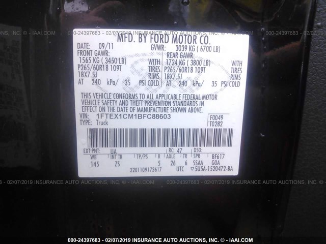 1FTEX1CM1BFC88603 - 2011 FORD F150 SUPER CAB BLACK photo 9