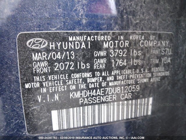 KMHDH4AE7DU812059 - 2013 HYUNDAI ELANTRA GLS/LIMITED BLUE photo 9