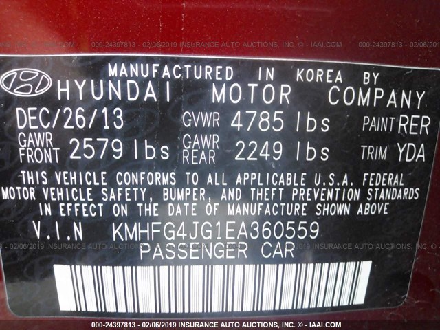 KMHFG4JG1EA360559 - 2014 HYUNDAI AZERA RED photo 9