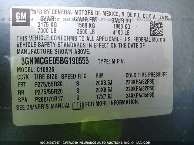 3GNMCGE05BG190555 - 2011 CHEVROLET AVALANCHE LTZ Light Blue photo 9