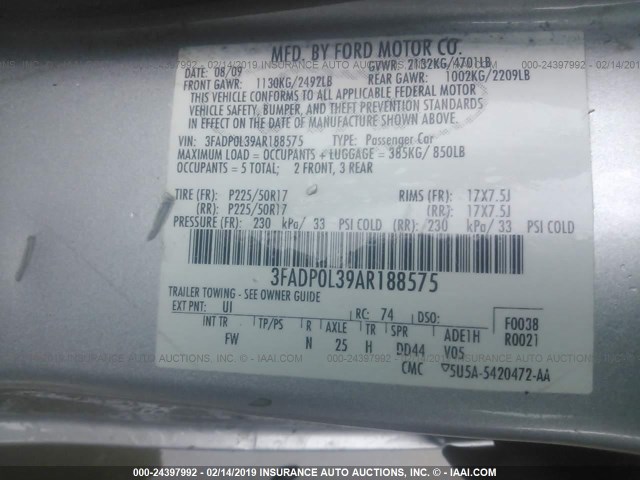 3FADP0L39AR188575 - 2010 FORD FUSION HYBRID SILVER photo 9