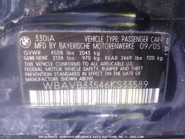 WBAVB33546KS33589 - 2006 BMW 330 I BLACK photo 9