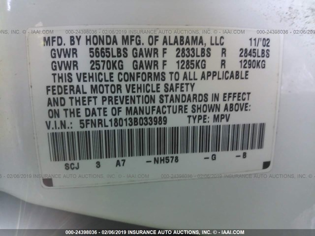 5FNRL18013B033989 - 2003 HONDA ODYSSEY EXL WHITE photo 9