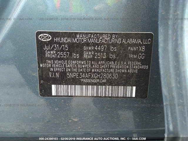 5NPE34AFXGH280630 - 2016 HYUNDAI SONATA SPORT/LIMITED BLUE photo 9