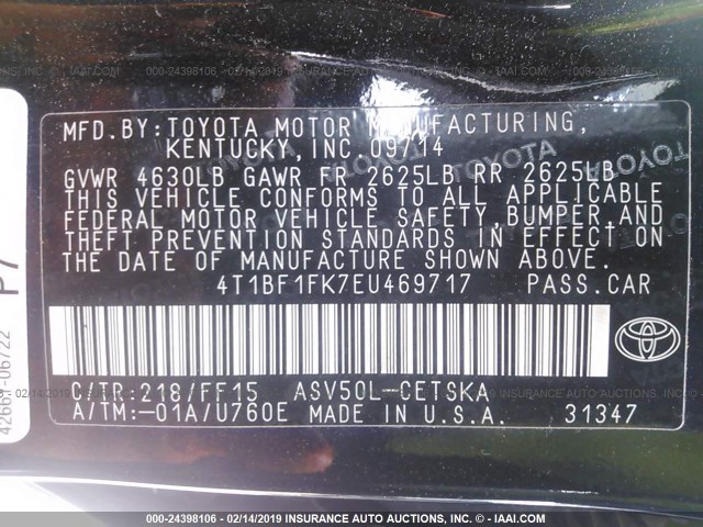 4T1BF1FK7EU469717 - 2014 TOYOTA CAMRY L/SE/LE/XLE 黑色 照片 9