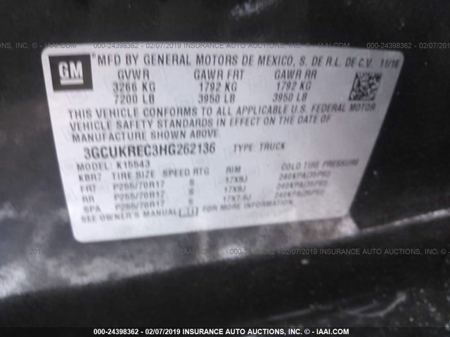 3GCUKREC3HG262136 - 2017 CHEVROLET SILVERADO K1500 LT BLACK photo 9