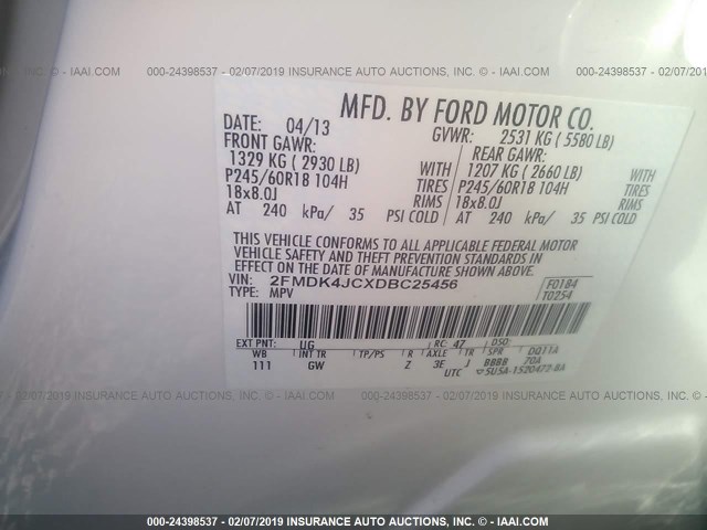 2FMDK4JCXDBC25456 - 2013 FORD EDGE SEL WHITE photo 9