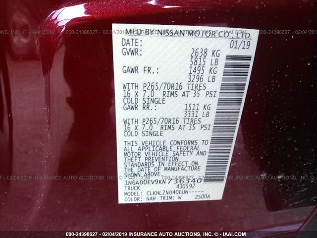 1N6AD0EV9KN736340 - 2019 NISSAN 2 DOOR  MAROON photo 9