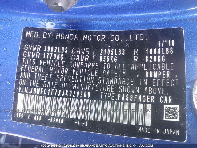 JHMFC1F7XJX029900 - 2018 HONDA CIVIC EXL BLUE photo 9