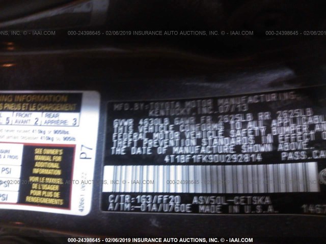 4T1BF1FK9DU292814 - 2013 TOYOTA CAMRY L/SE/LE/XLE GRAY photo 9