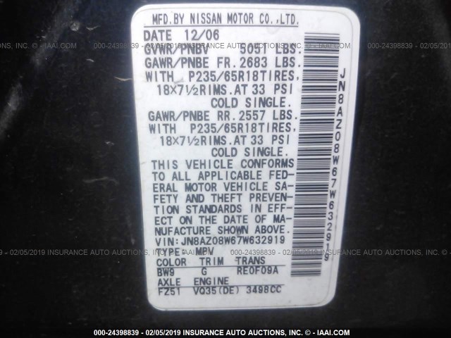 JN8AZ08W67W632919 - 2007 NISSAN MURANO SL/SE/S BLUE photo 9