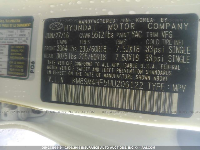 KM8SM4HF5HU206122 - 2017 HYUNDAI SANTA FE SE WHITE photo 9