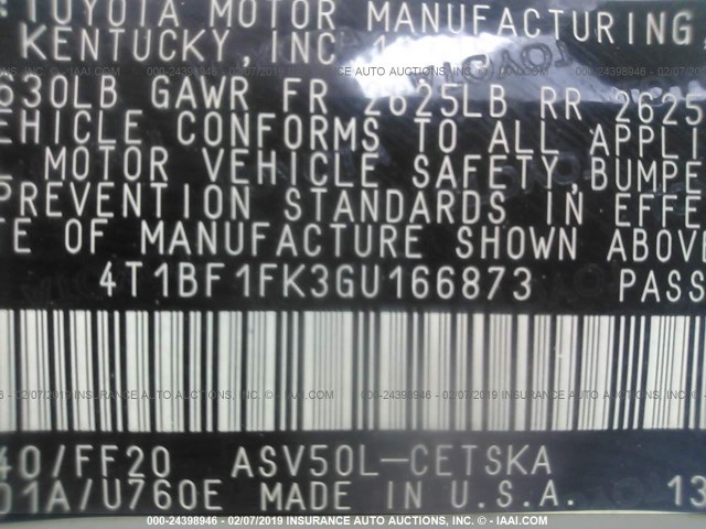 4T1BF1FK3GU166873 - 2016 TOYOTA CAMRY LE/XLE/SE/XSE თეთრი ფოტო 9