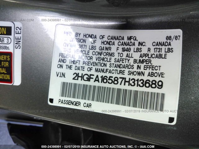 2HGFA16587H313689 - 2007 HONDA CIVIC LX GRAY photo 9