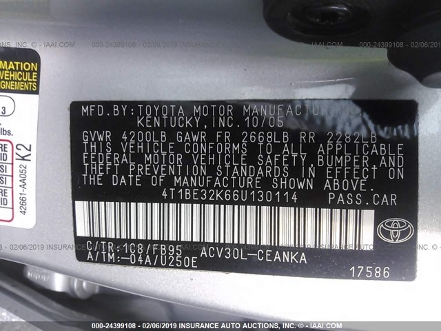 4T1BE32K66U130114 - 2006 TOYOTA CAMRY LE/XLE/SE SILVER photo 9