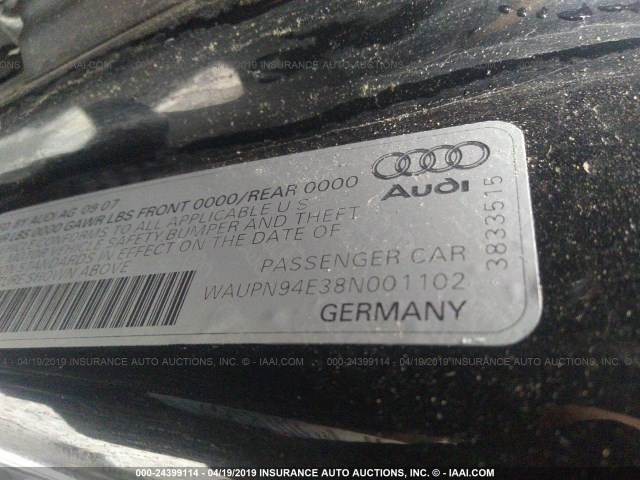 WAUPN94E38N001102 - 2008 AUDI S8 QUATTRO BLACK photo 9