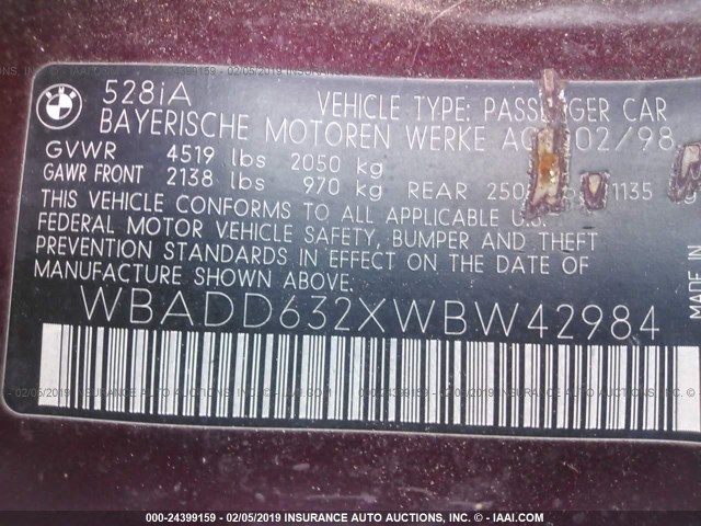 WBADD632XWBW42984 - 1998 BMW 528 I AUTOMATIC MAROON photo 9